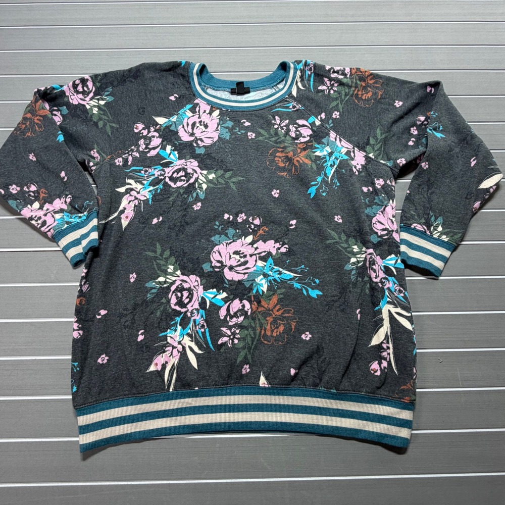 Torrid Womens Floral Raglan Sweatshirt Gray Pink Blue Fleece Pullover Size 0 XL